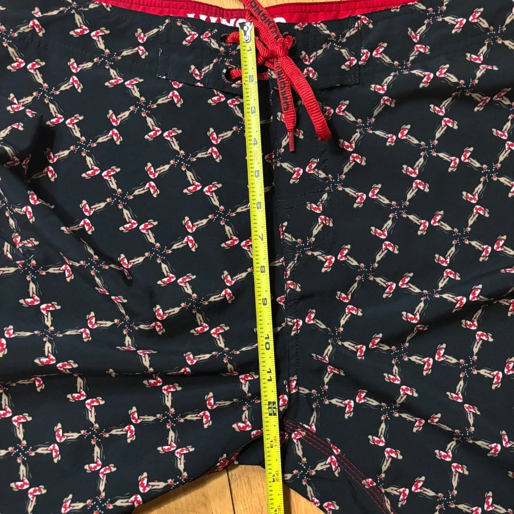 Hinano Tahiti Boardshorts Men 33 Black Red Hinano Hula Girl Print Surf Swim